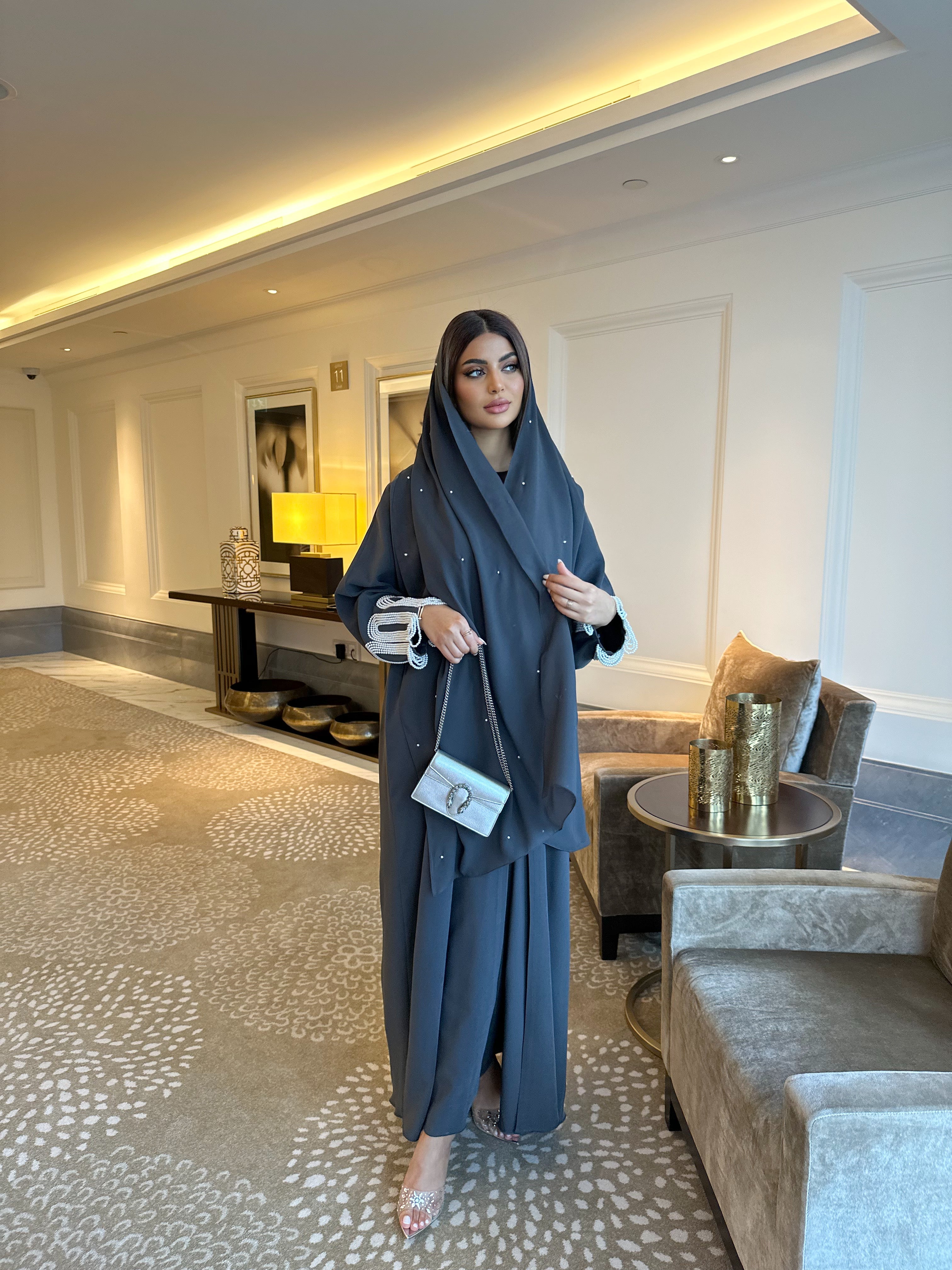 FANCY PEARLS GRAY BISHT ABAYA #450