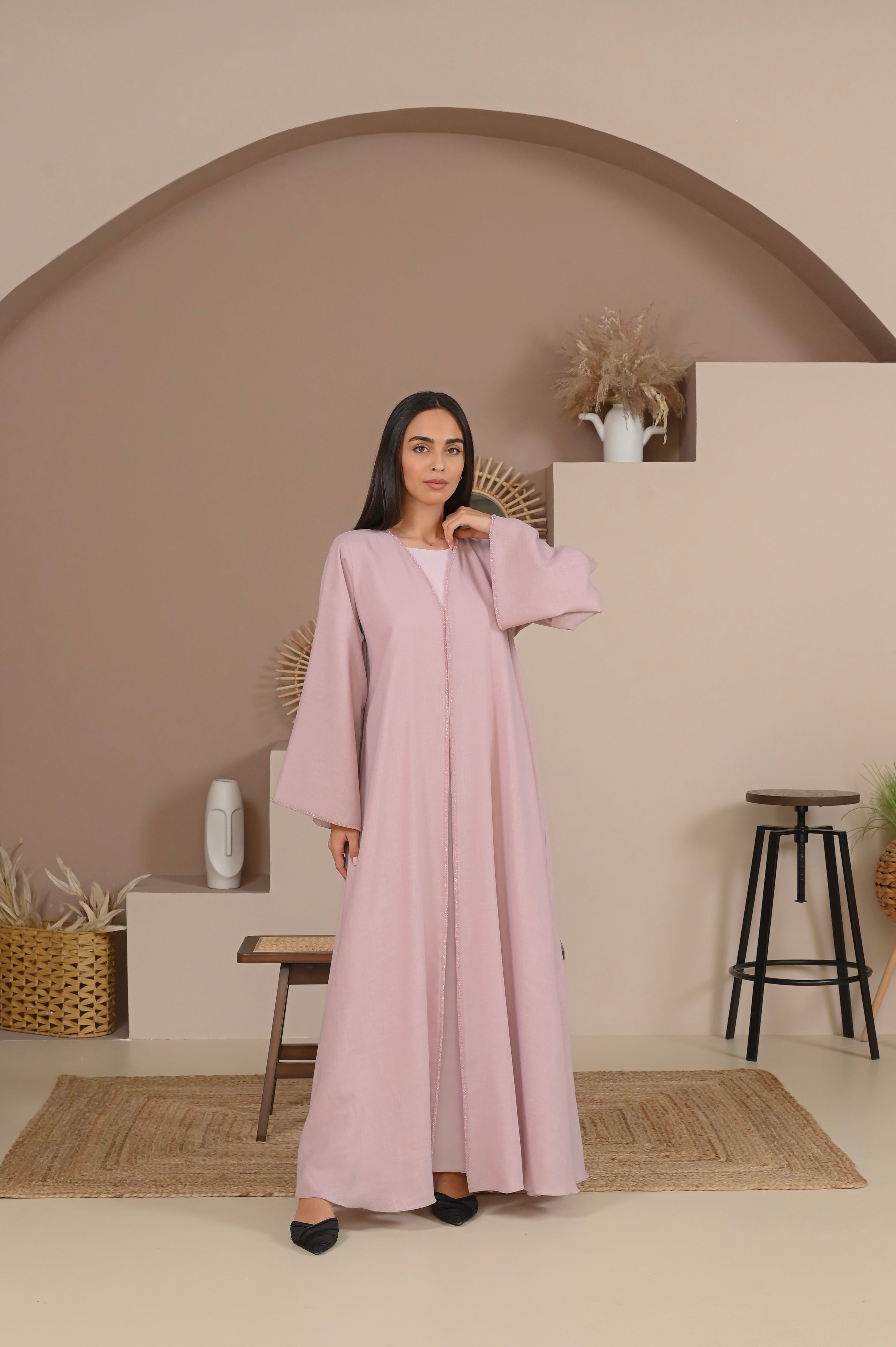 CLASSY NUDE-PINK LINEN ABAYA #347