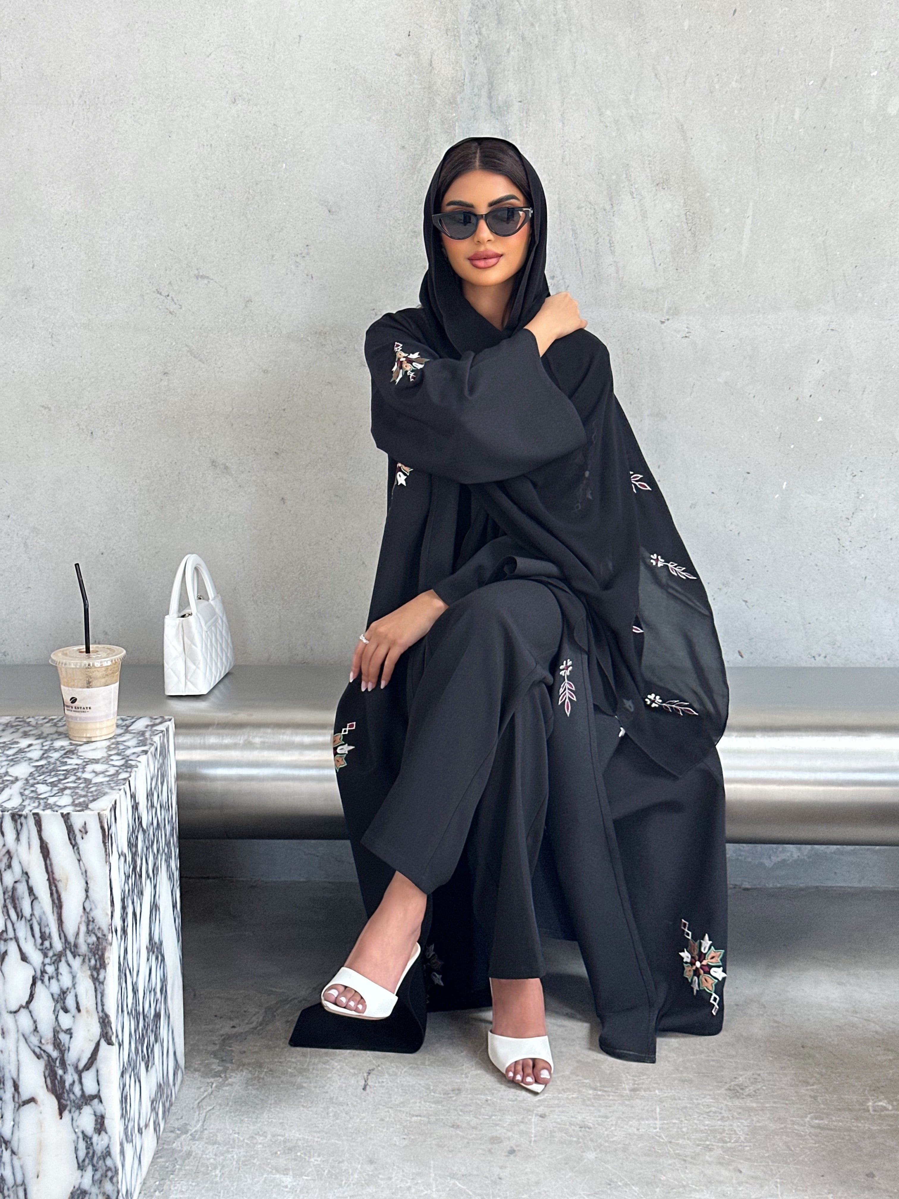 BLACK ABAYA WITH ARABIC FLORAL EMBROIDERY #568