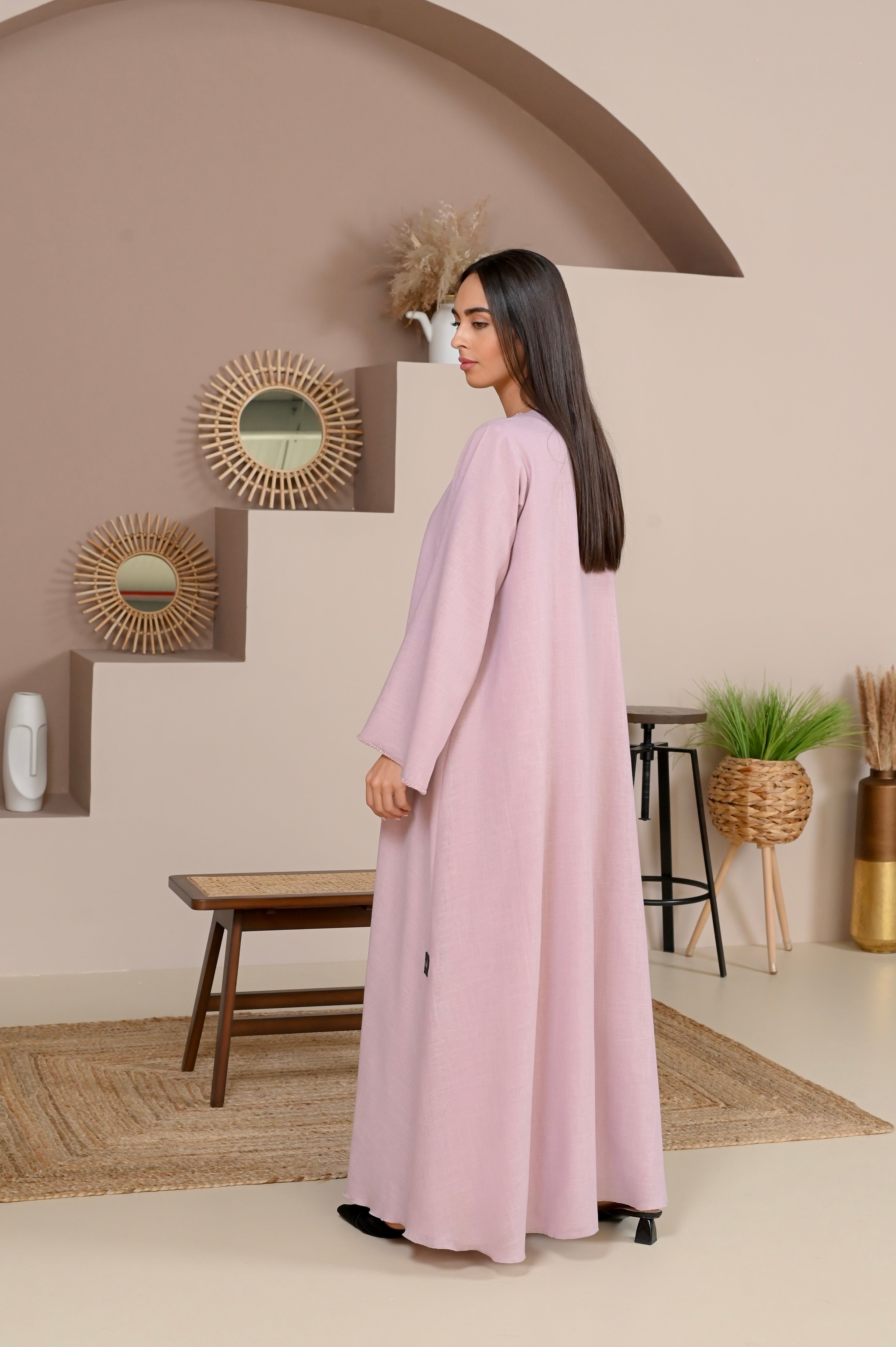 CLASSY NUDE-PINK LINEN ABAYA #347