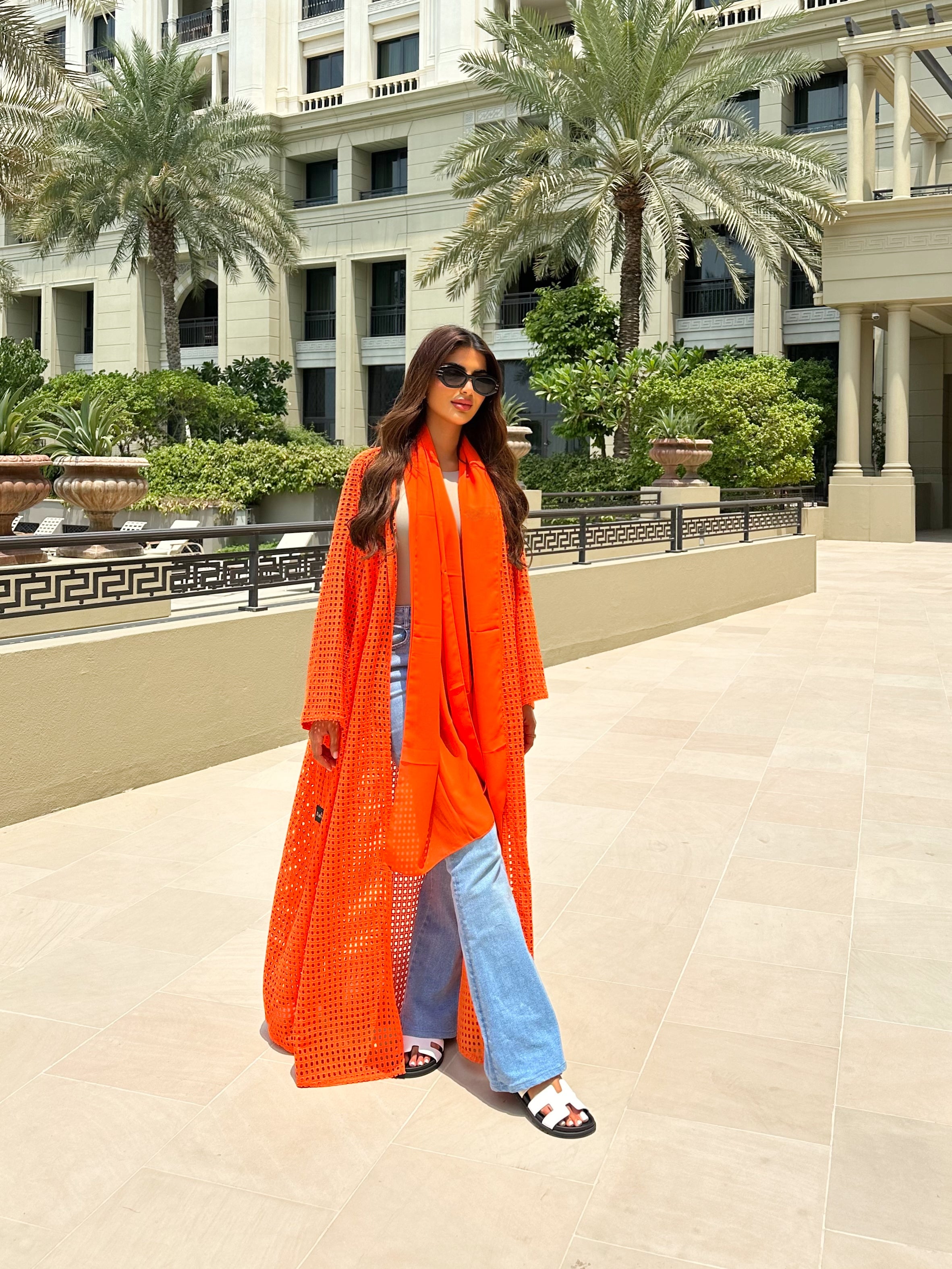 HOT ORANGE COTTON MESH ABAYA #511