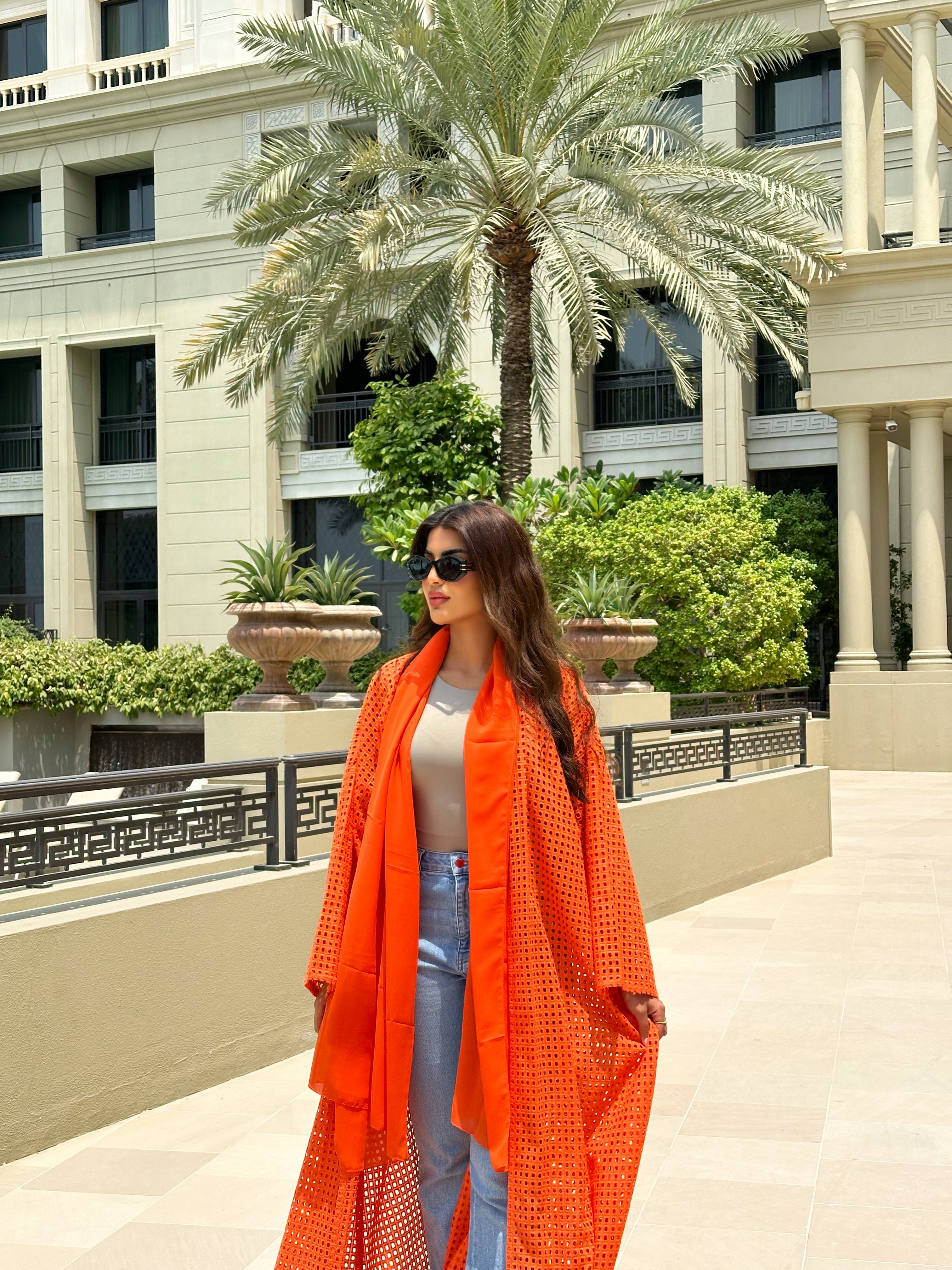 HOT ORANGE COTTON MESH ABAYA #511